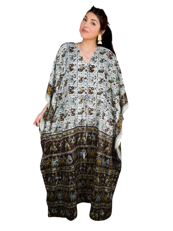Boho White Maxi Caftan Dress – Recycled Sari Muumuu Beach Cover-Up  2XL