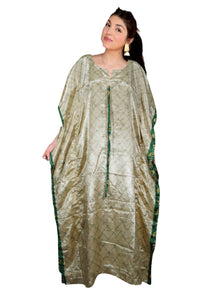  Beige Green Recycled Silk Kaftan – Flowy Maxi Dress for Beach or Resort  XL