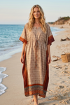 Flowy Orange Kimono Kaftan – Boho Recycled Silk Maxi Dress | Retro Resort Wear  XL