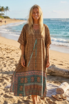 Printed Maxi Kaftan Dress – Brown Teal Blue Boho Caftan | Maternity-Friendly Flowy Beach L-XL