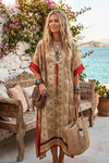 Maxi Beach Kaftan Dress – Recycled Sari Beige Red Boho Caftan, Flowy Resort Wear  XL
