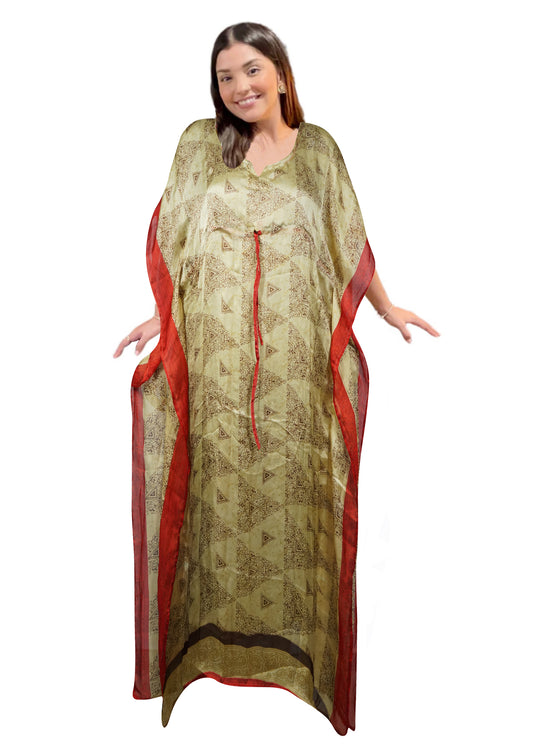 MMaxi Beach Kaftan Dress – Recycled Sari in Beige and Red Bohemian Style  XL