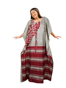  Maxi Beach Kaftan Dress – Recycled Sari Caftan in Gray and Red Boho Style  XL