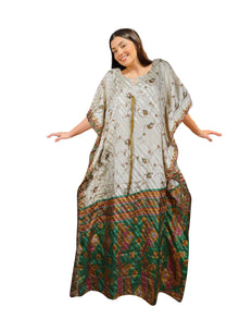  Maxi Summer Kaftan – Beige and Green Printed Beach Cover-Up
