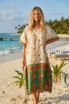 Maxi Summer Kaftan – Beige Green Printed Beach Cover-Up, Flowy Boho Resort Dress