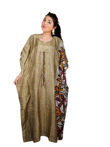  Maxi Printed Kaftan Dress – Beige and Orange Bohemian Cruise Wear, L-XL