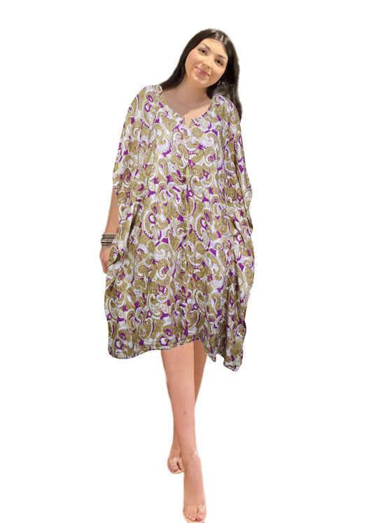 Beige & Purple Silk Kaftan for Women – Elegant Beach Dress & Resort Caftan S/M/L