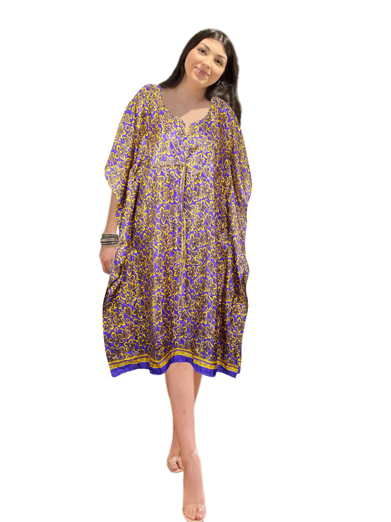 Women's Blue & Yellow Floral Midi Kaftan Dress – Effortless Boho Style  S/M/L