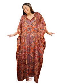  Women’s Orange Red Floral Maxi Caftan – Boho Printed Beach Dress, Resort Wear Onesize