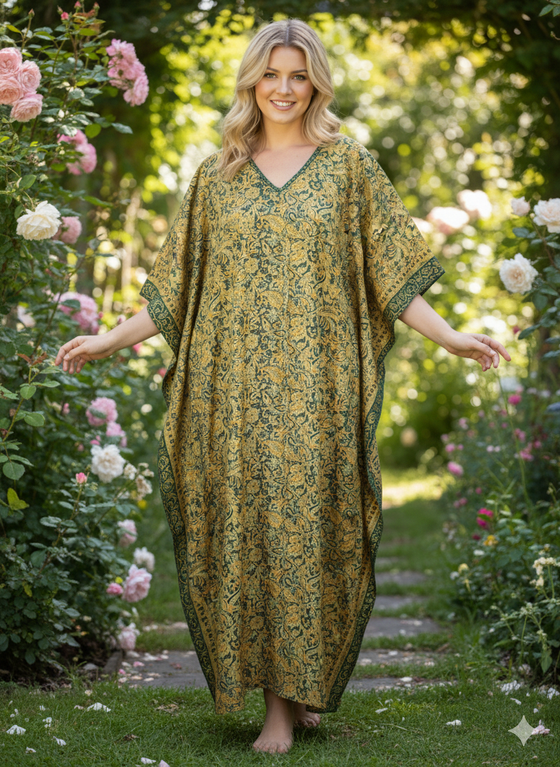 Women’s Kashmiri Coral Peach Caftan – Hand-Embroidered Floral Lounge Kaftan  L-3XL