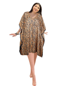  Peach & Black Floral Kaftan Dress – Boho Tunic Caftan Housedress for Women one size