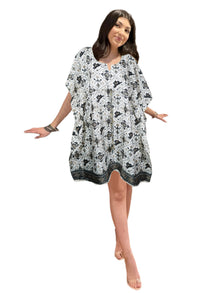  Women's Black & White Recycled Silk Kaftan – Luxurious Boho Tunic Dress, Handmade Resort Wear Size