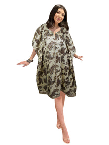  Women's Beige Brown Paisley Kaftan – Recycled Silk Handmade Midi Dress SML