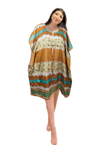  Women's Vintage Silk Midi Kaftan – Handmade Orange & Blue Printed Dress  SML