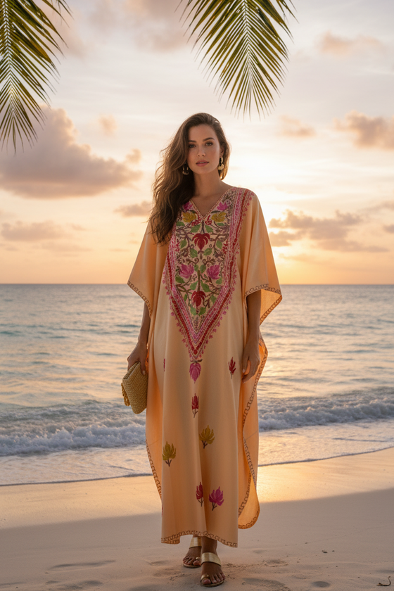 Peach Embellished Kimono Kaftan – Women’s Bohemian Maxi Caftan Dress L-3XL
