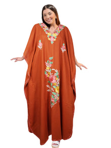  Women's Floral Embroidered Caftan – Orange Kimono Style Maxi Dress, 3XL