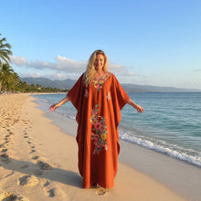  Orange Floral Embroidered Caftan – Women’s Kimono-Style Boho Maxi Dress 3XL