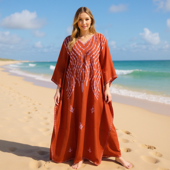 Russet Floral Embroidered Boho Kaftan – Women’s Kimono-Style Maxi Caftan Dress L-3XL