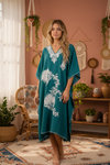 Women’s Teal Kashmiri Embroidered Maxi Kaftan – Bohemian Caftan Dress 3XL