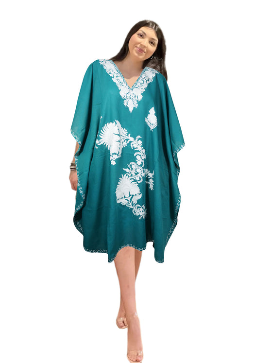 Teal Kashmiri Embroidered Maxi Kaftan – Bohemian Caftan Dress for Women  3XL