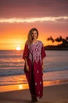 Women’s Maroon Embroidered Cotton Maxi Kaftan – Boho Resort Wear & Travel Caftan  L-4XL