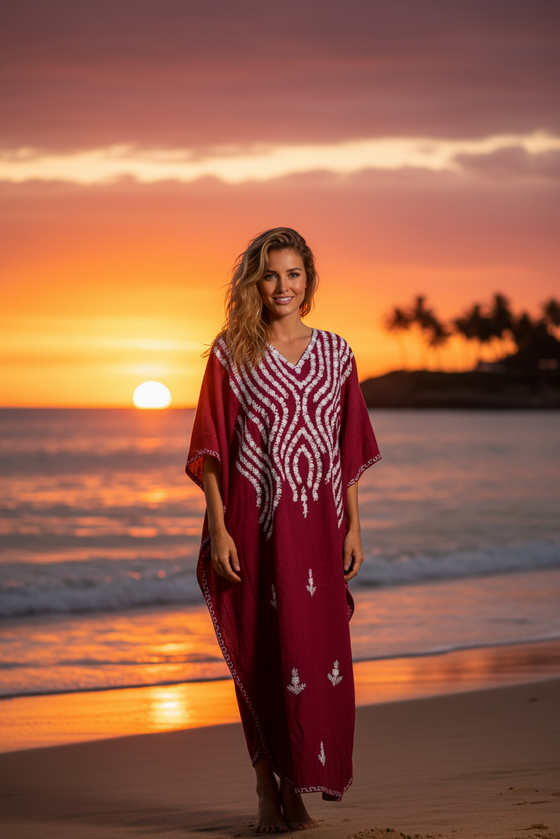 Women’s Maroon Embroidered Cotton Maxi Kaftan – Boho Resort Wear & Travel Caftan  L-4XL