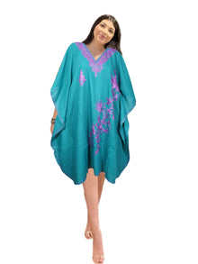  Teal Embroidered Cotton Kaftan – Kimono-Style Resort Cover-Up Dress One Size