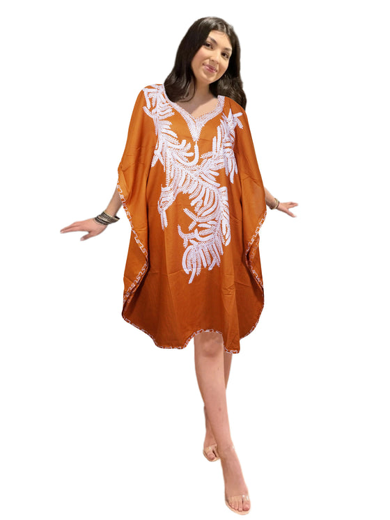 Women's  Orange Embroidered Caftan Comfy Midi Cover-Up, Perfect Mother’s Day Gift L-4XL