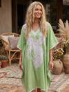 Vintage-Inspired Mint Green Cotton Caftan – Embroidered Midi Dress with Kimono Sleeves L-4XL