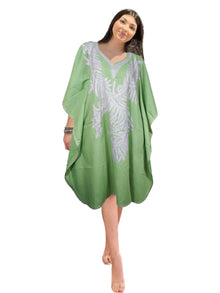  Vintage-Inspired Mint Green Cotton Caftan – Embroidered Midi Dress with Kimono Sleeve L-4XL