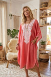 Women’s Coral Pink Cotton Kaftan Midi Dress – Boho Embroidered Travel Lounger L-4XL