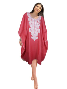  Women's Coral Pink Cotton Kaftan Midi Dress – Boho Embroidered Travel Lounger, and Comfortable L-4XL