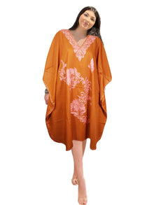  Women's Orange Embroidered Caftan Dress – Midi Loose-Fit Summer Boho Cruise Kaftan L-4XL