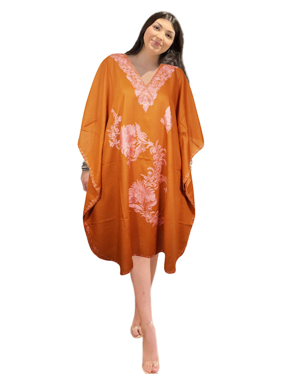Women's Orange Embroidered Caftan Dress – Midi Loose-Fit Summer Boho Cruise Kaftan L-4XL