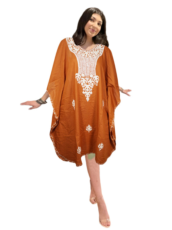 Boho-Chic Women's Kaftan Dress – Orange Embroidered Midi, Loose-Fitting Summer Cover-UpL-4XL