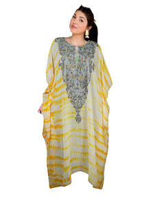  Women’s Yellow Travel Caftan Maxi Dress – Floral Embroidered Sheer Kimono Kaftan L/XL