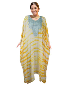  Women's Yellow Embroidered Sheer Georgette Kaftan – Cruise Wear Maxi Dress  L-4XL
