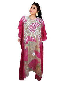  Women's Pink Sheer Embroidered Kaftan – Kimono-Style Maxi Dress Beach Cover-Up One size