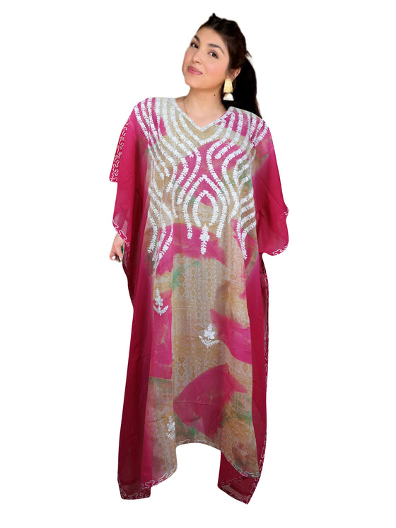 Women's Pink Sheer Embroidered Kaftan – Kimono-Style Maxi Dress Beach Cover-Up One size