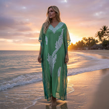  Women's Green Embroidered Cruise Caftan – Elegant Summer Travel Maxi Dress  One size
