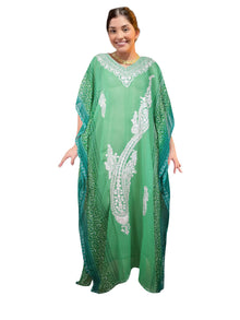  Women's Green Embroidered Cruise Caftan – Summer Travel Maxi Dress One size