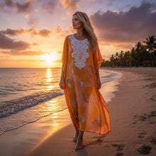  Women's Orange Travel Caftan – Floral Embroidered Summer Maxi Dress One Size
