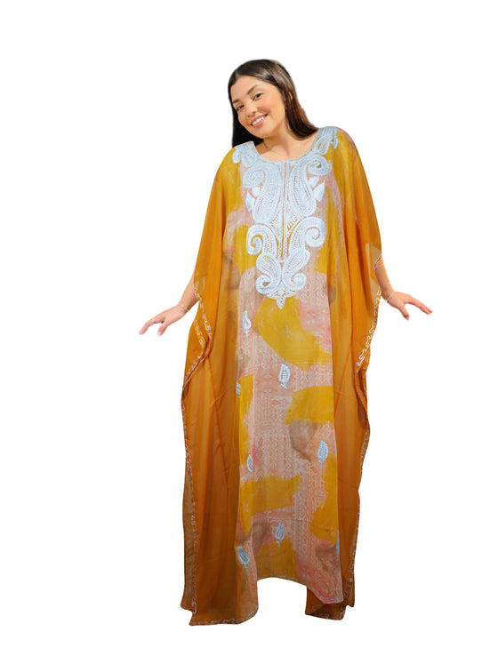 Women's Orange Travel Caftan – Floral Embroidered Summer Maxi Dress One Size