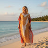 Women's Orange Floral Embroidered Sheer Kaftan – Elegant Maxi Dress & Beach  L-4XL One Size
