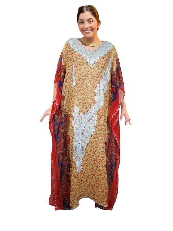 Women's Orange Floral Embroidered Sheer Kaftan – Maxi Caftan Dress & Beach Cover-Up L-4XL One Size