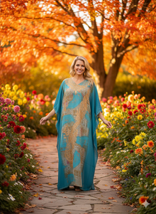  Women’s Blue Kaftan Maxi Dress – Embroidered Sheer Retro Travel Dress One size