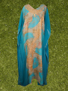 Cruise Kaftan Travel Maxidress, Blue Embroidered sheer Retro Style Maxi Dresses One size