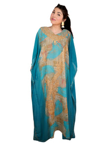  Women's Blue Kaftan Maxi Dress – Embroidered Sheer Retro Travel Dress One size