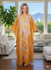 Women's Bohemian Travel Kaftan Maxi Dress – Orange Pink Embroidered Resort Caftan  L-4XL
