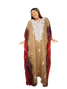  Orange Beige Georgette Embroidered Kaftan – Cruise Maxi Dress  L-4XL